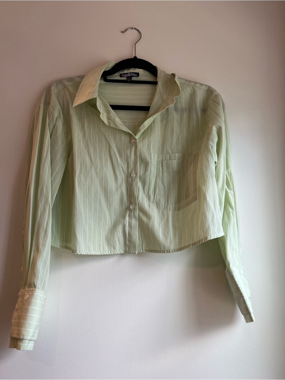 Light Green Striped Cropped Button-Down Shirt - Women